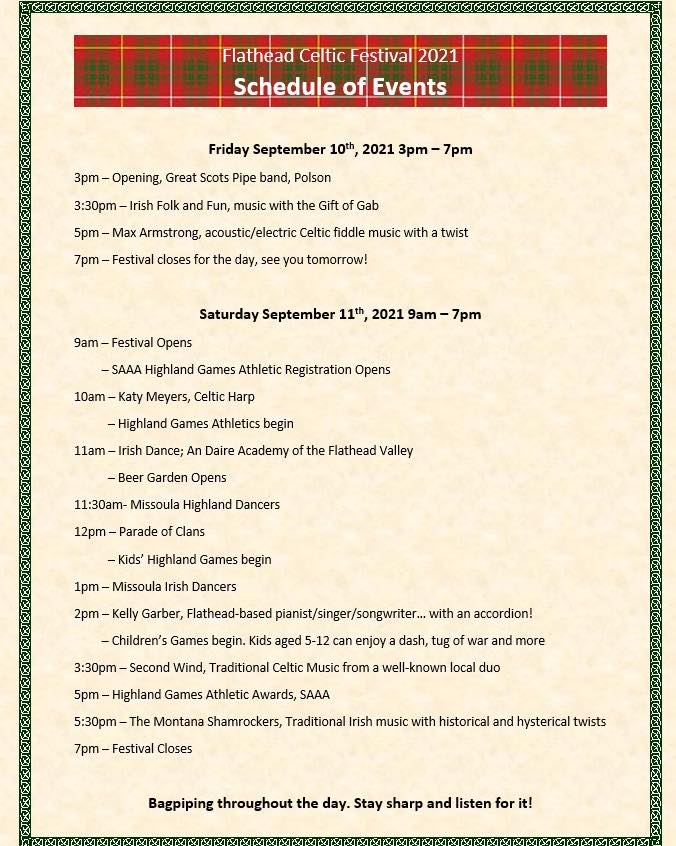 7th Annual Flathead Celtic Festival - Schedule of Events