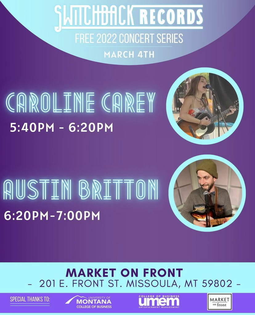 Switchback Records Free 2022 Acoustic Concert Series Caroline Corey and Austin Britton at Market on Front in Downtown Missoula Montana