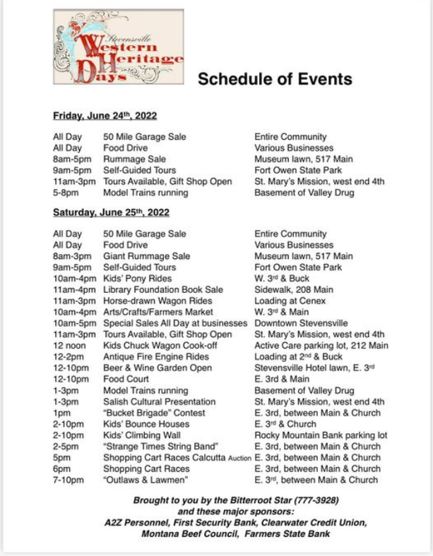 Western Heritage Days - Schedule of Events