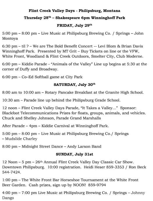Flint Creek Valley Days Schedule