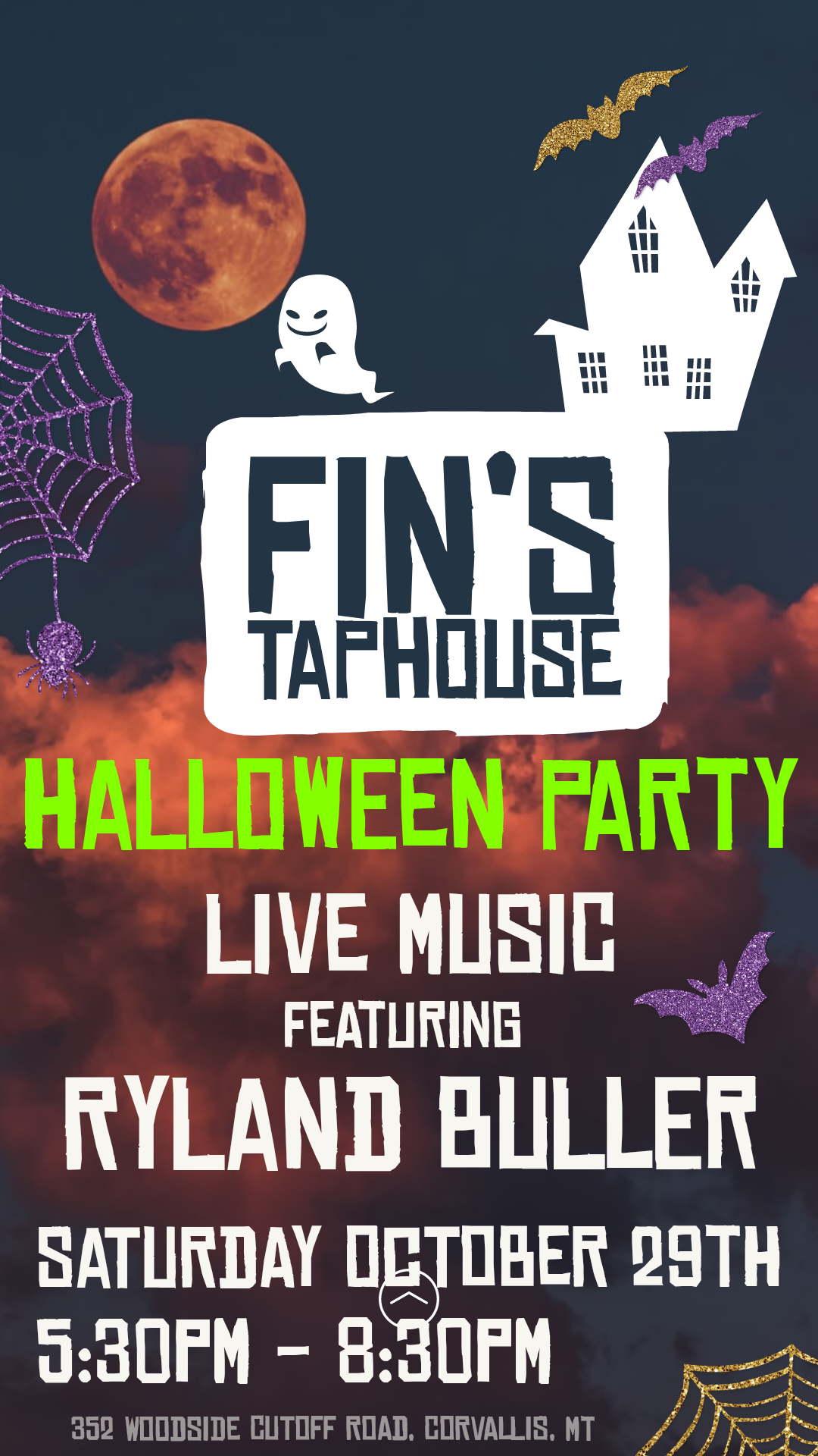Fin's Taphouse Halloween Party featuring live music with Ryland Buller on Saturday, October 29