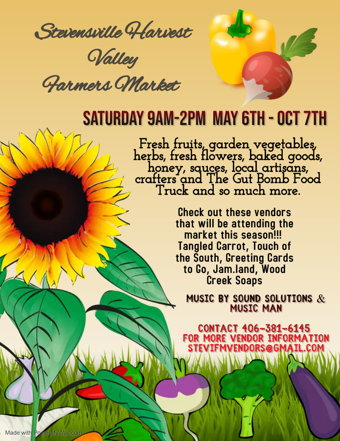 Stevensville Harvest Valley Farmers Market 9:00 am to 2:00 pm Saturdays from May 6th thru October 7th, 2023 at
