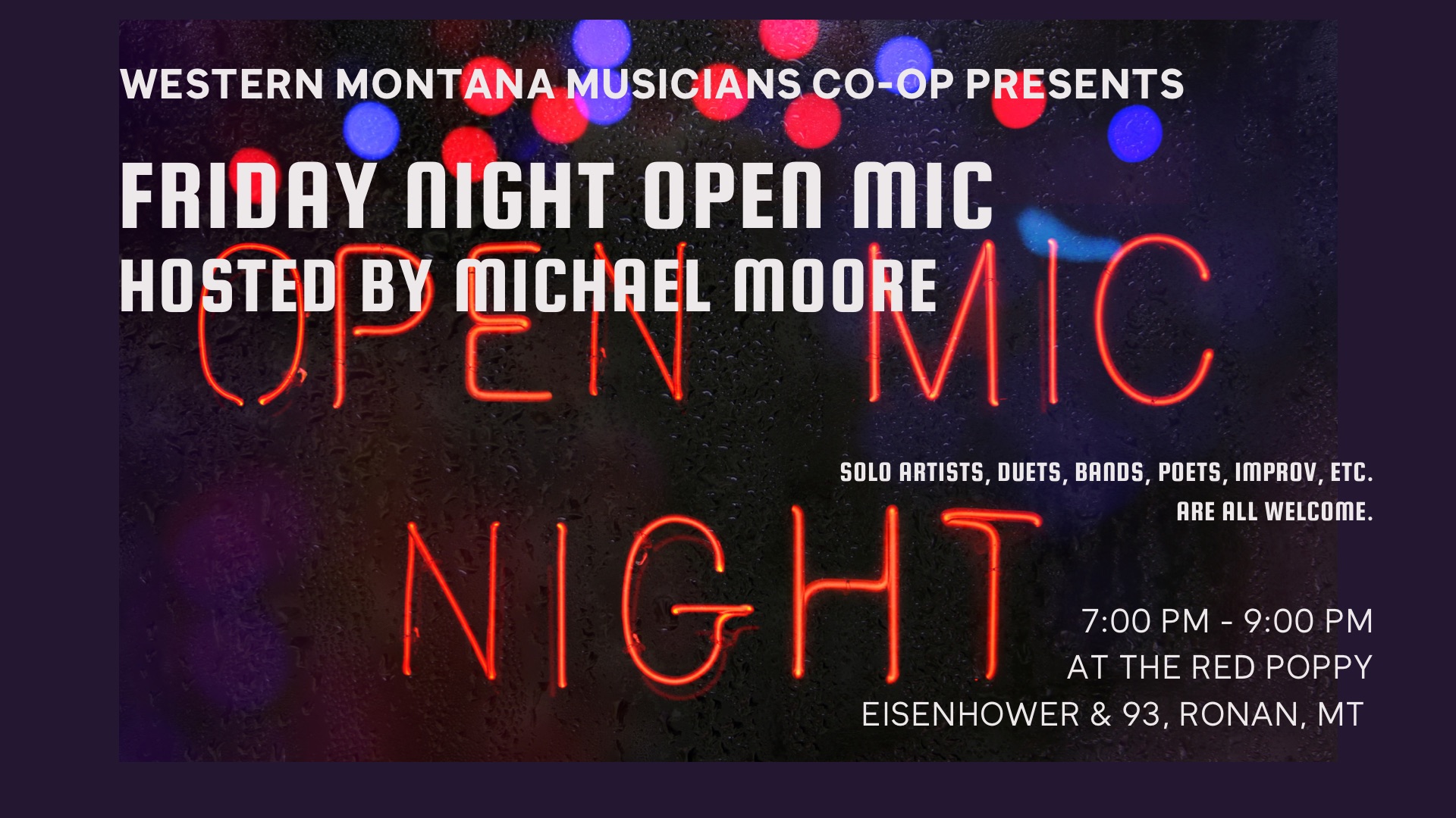 WMMC Friday Night Open Mic hosted by Michael Moore at The Red Poppy in Ronan