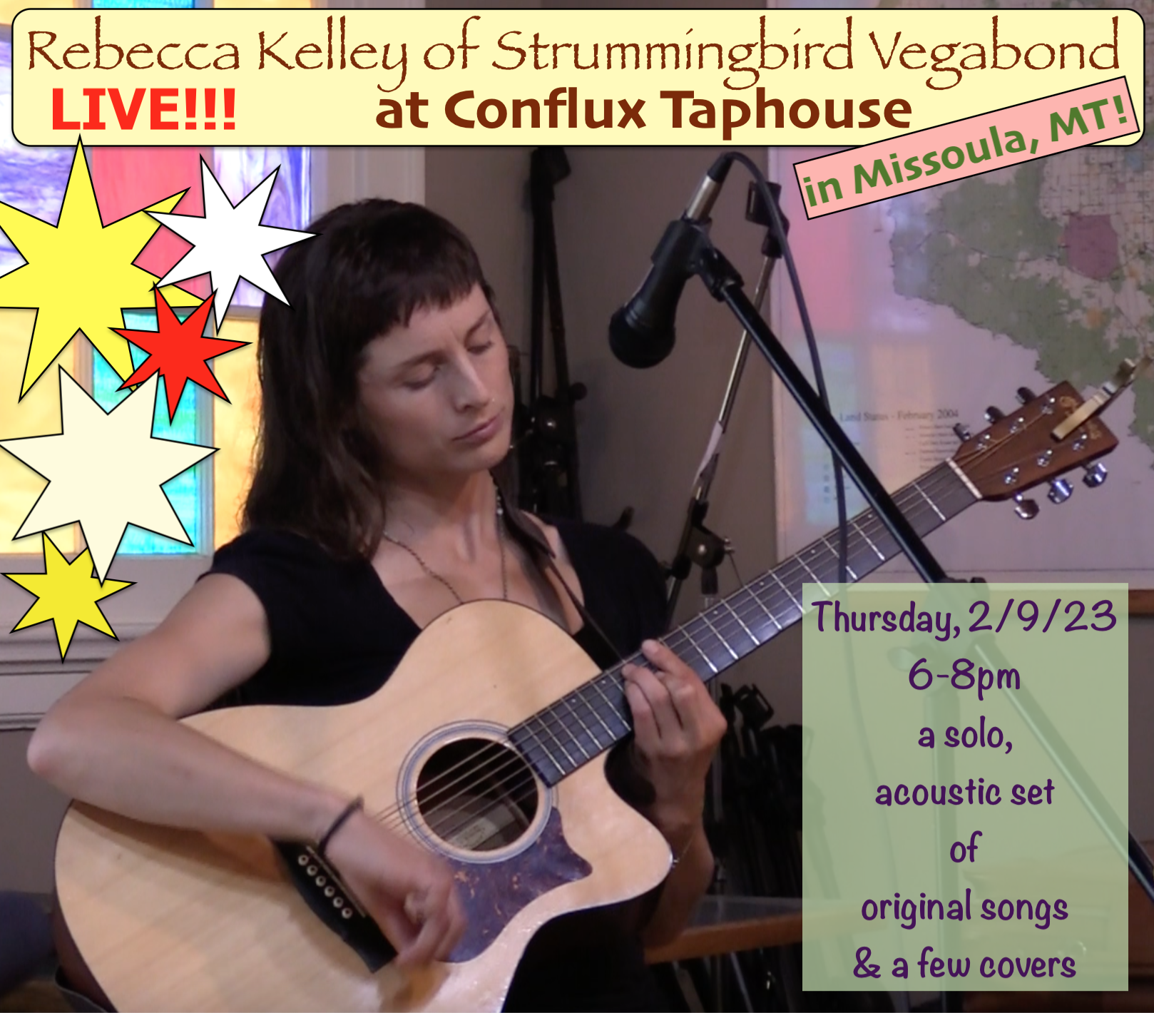 Rebecca Kelley of Strummingbird Vegabond solo Thursday, February 9, 2023 at Conflux Taphouse in Downtown Missoula