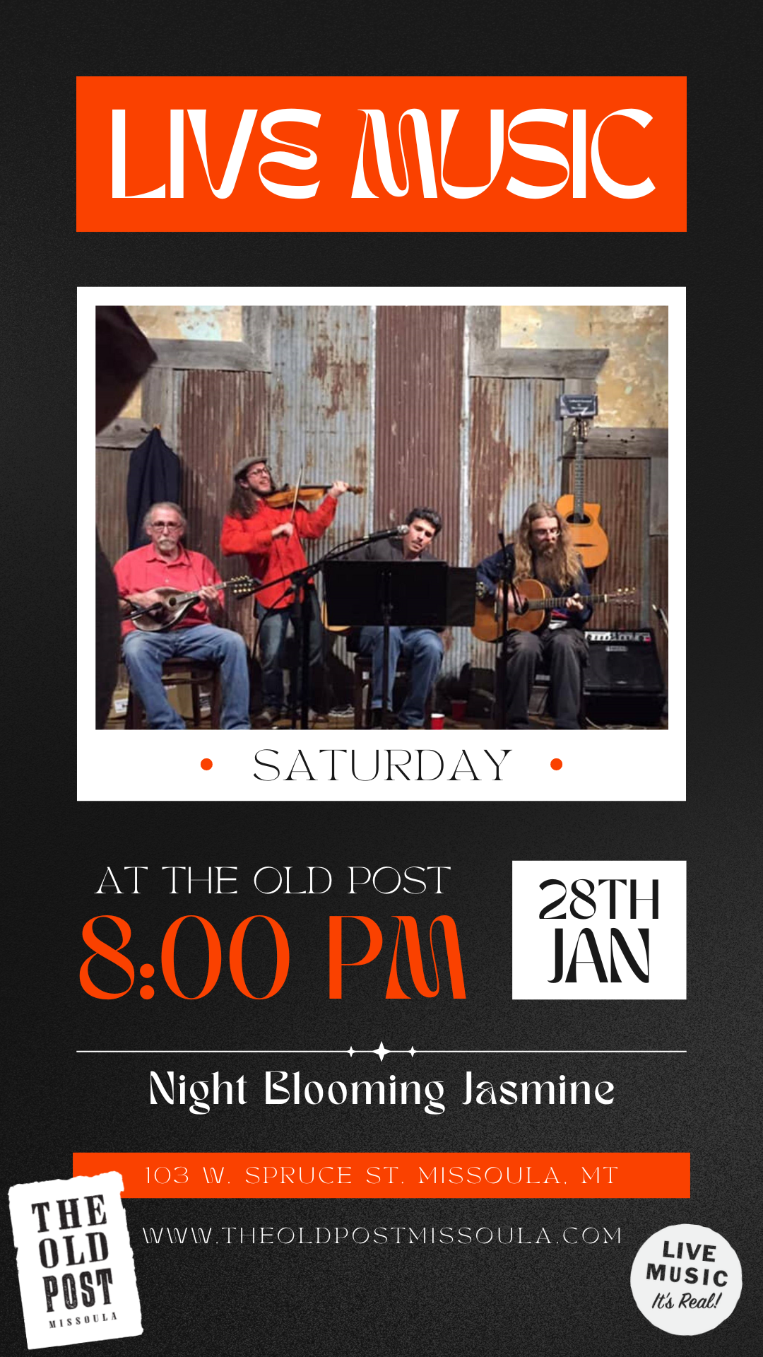 Jazz with Night Blooming Jasmine from 8:00 pm to 10:00 pm Saturday, January 28 at The Old Post in Downtown Missoula