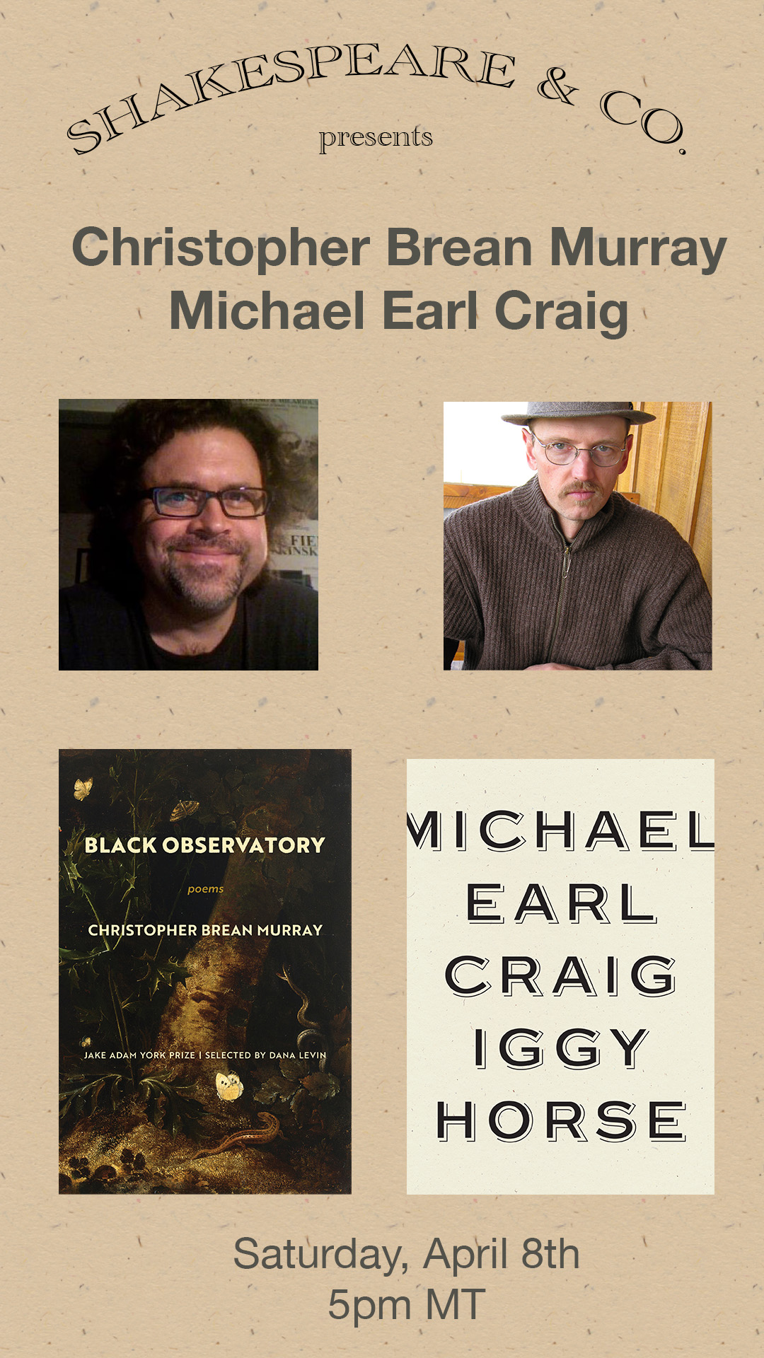 An Evening of Poetry with Christopher Brean Murray and Michael Earl Craig at Shakespeare & Co. in Missoula, Montana