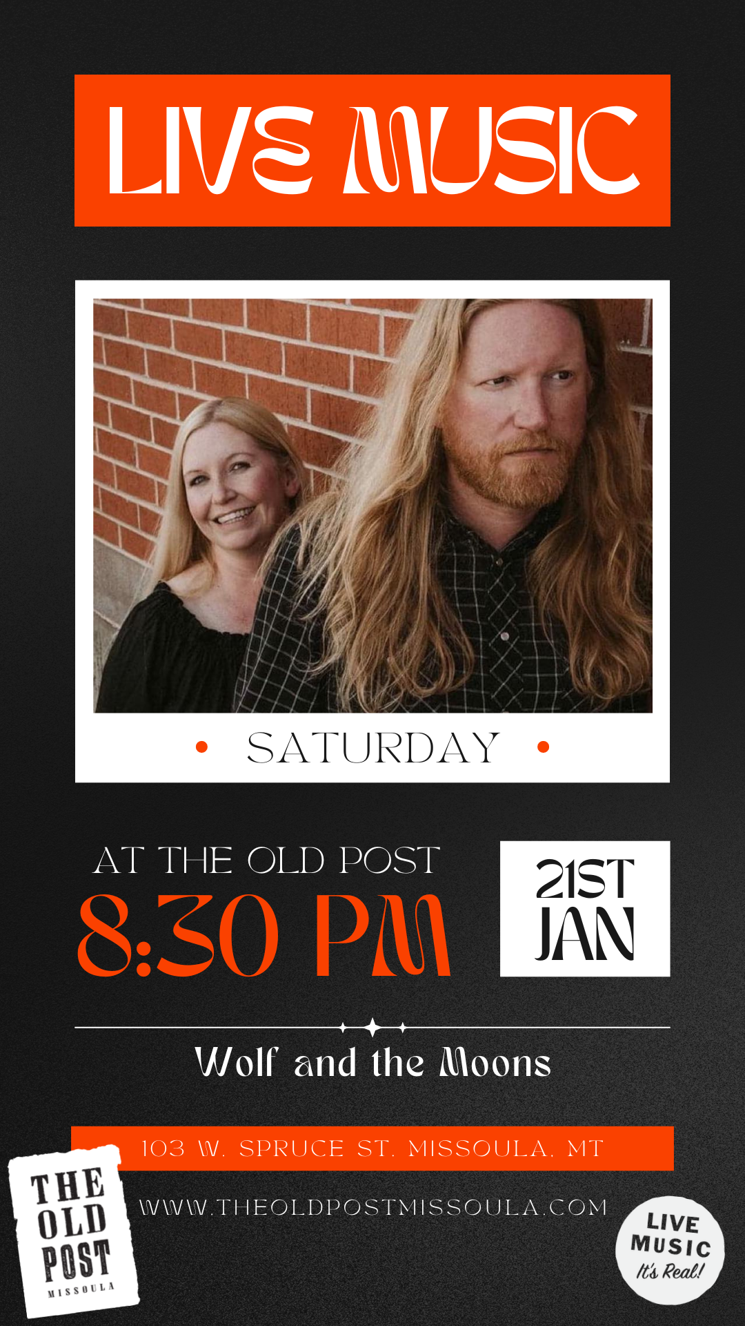 Wolf and The Moons live at The Old Post in Downtown Missoula from 8:00 pm to 10:00 pm on Saturday, January 21, 2023